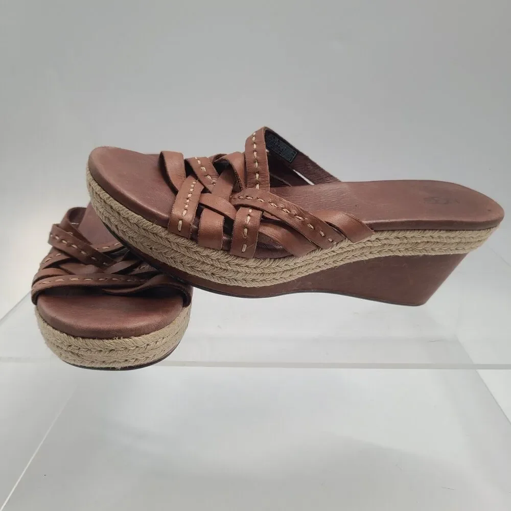 UGG BROWN ADDYSON LEATHER WEDGE PLATFORM SANDALS OPEN TOE WOMENS SIZE 10
